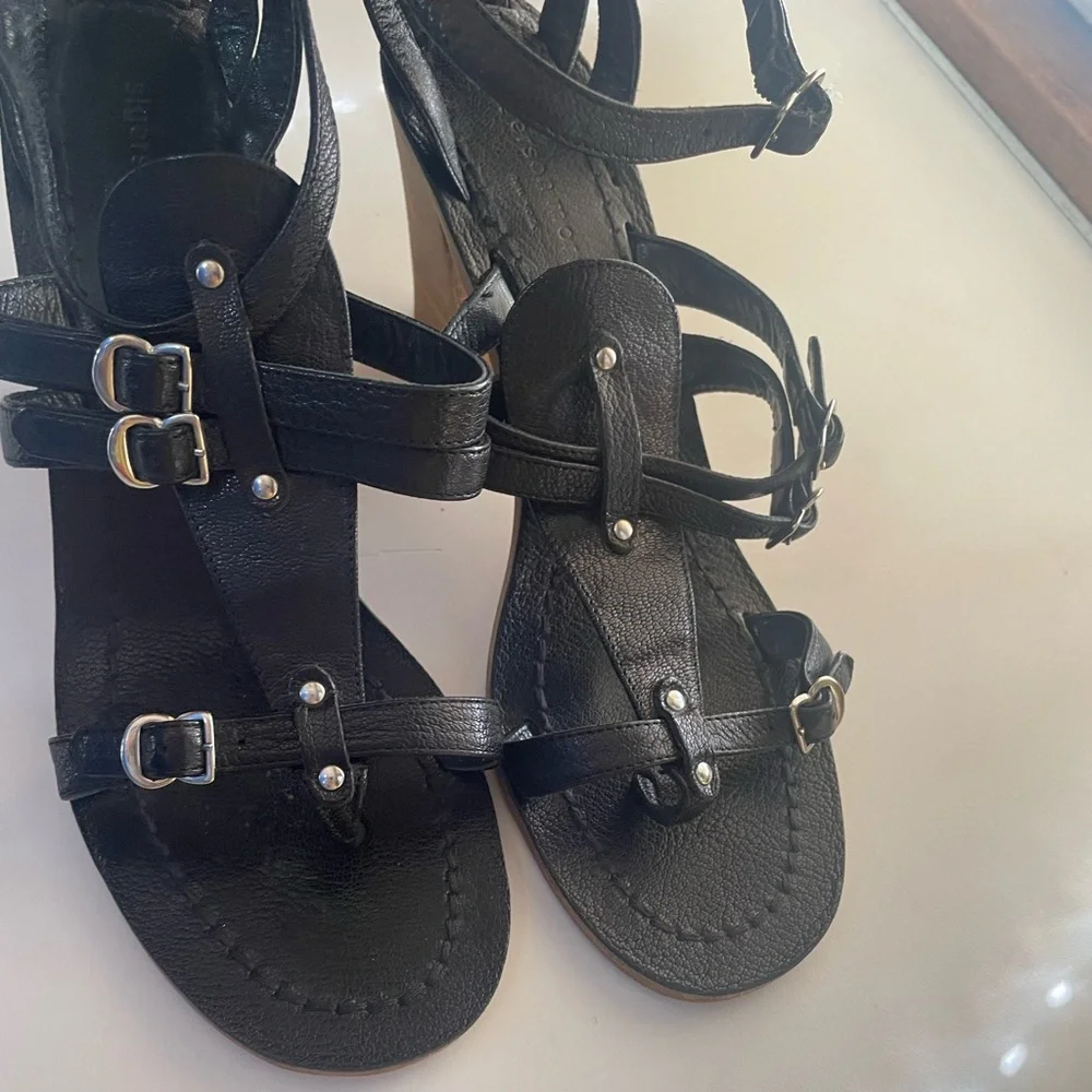 Sigerson Morrison Women’s Greek Black Leather Wood Heel Sandals - Picture 6 of 16